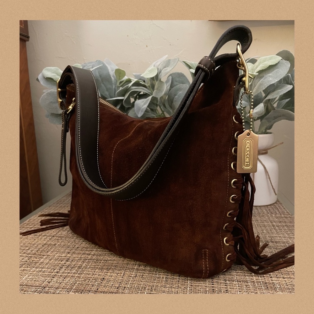 Vintage Coach Limited Edition Fringe Split Suede Leather Trim bag 9330